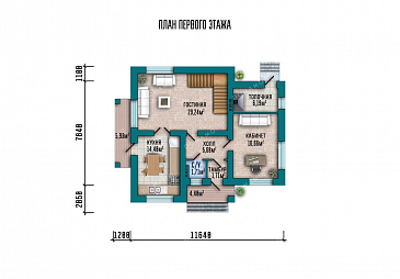 Проект одноэтажного дома с большой гостиной и мансардой / План 1 этажа Проект одноэтажного дома с большой гостиной и мансардой / План 1 этажа