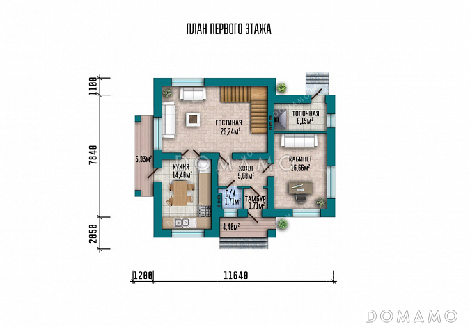 Проект одноэтажного дома с большой гостиной и мансардой / План 1 этажа Проект одноэтажного дома с большой гостиной и мансардой / План 1 этажа