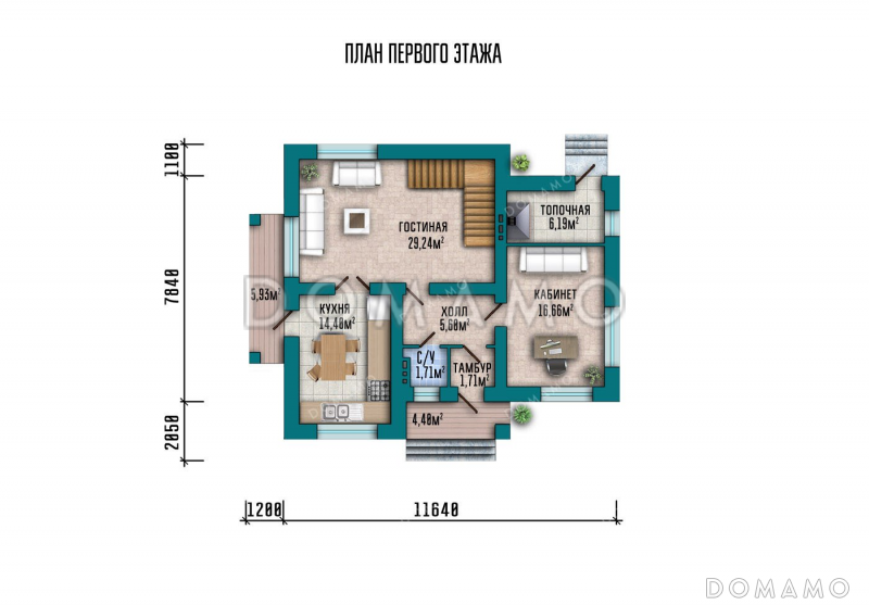 Проект одноэтажного дома с большой гостиной и мансардой / План 1 этажа