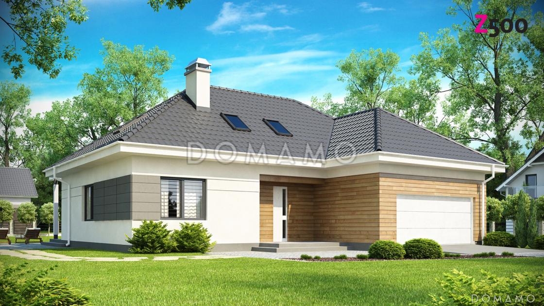 Проект одноэтажного мансардного дома из газобетона с гостевой спальней и кабинетом на первом этаже и встроенным гаражом / 1