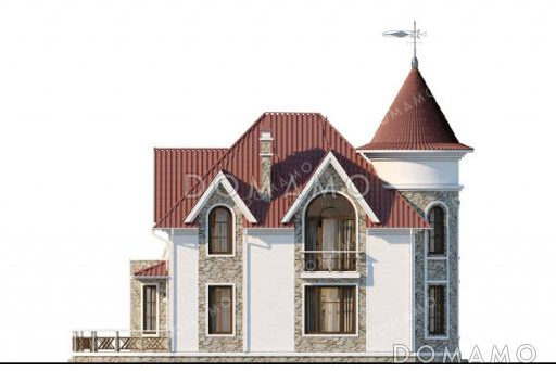 Проект дома-замка с гаражом на два автомобиля, башенкой и полукруглой террасой / Фасад 4