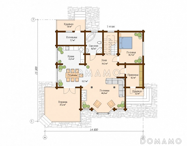 Проект дома с тремя спальнями и кабинетом / План 1 этажа Проект дома с тремя спальнями и кабинетом / План 1 этажа