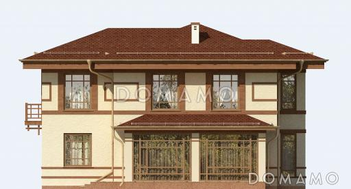 Проект двухэтажного дома из пеноблоков в бежево-коричневом цвете с верандой / Фасад 4