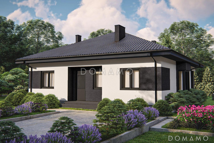 Проект одноэтажного дома с эркером в гостиной, кладовой, террасой