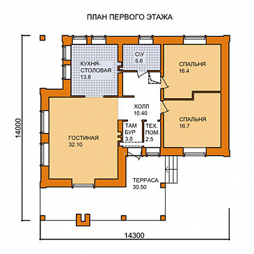 Проект одноэтажного дома с барбекю на большой террасе / План 1 этажа Проект одноэтажного дома с барбекю на большой террасе / План 1 этажа