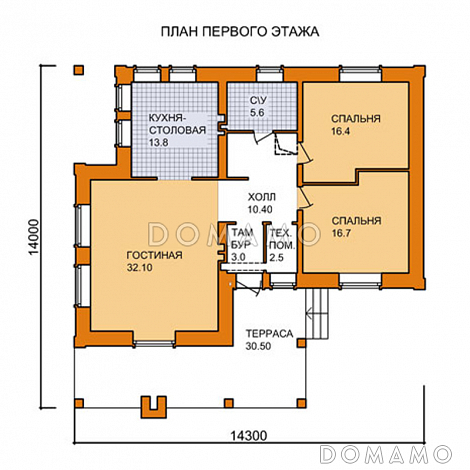 Проект одноэтажного дома с барбекю на большой террасе / План 1 этажа Проект одноэтажного дома с барбекю на большой террасе / План 1 этажа
