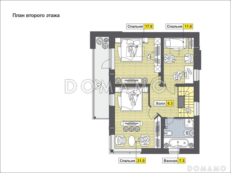 Проект частного дома из СИП панелей с навесом для автомобиля, панорамными окнами в кузне-столовой, длинным балконом на мансардном этаже / План мансардного этажа