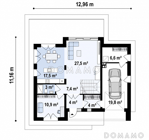 Проект современного мансардного дома с гаражом, панорамным остеклением, просторной кухонной зоной, прачечной / План 1 этажа