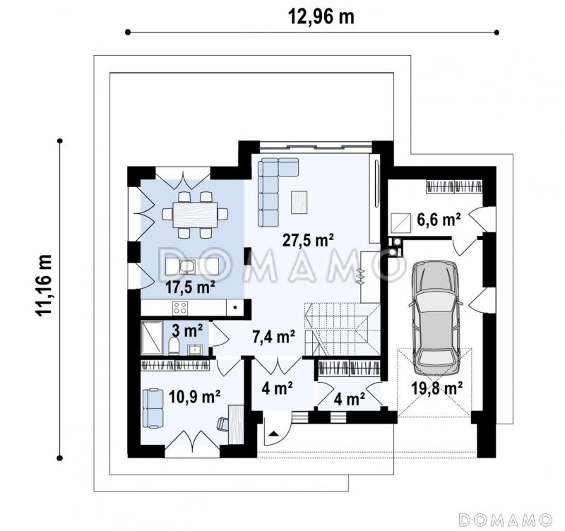 Проект современного мансардного дома с гаражом, панорамным остеклением, просторной кухонной зоной, прачечной / План 1 этажа