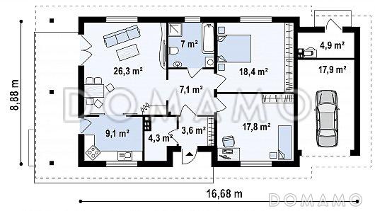 Проект компактного одноэтажного дома из газобетона с двумя спальнями и боковой террасой и пристроенным гаражом / План 1 этажа