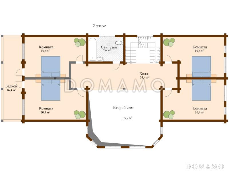 Проект двухэтажного дома из клееного бруса с общим балконам на две спальни / План мансардного этажа