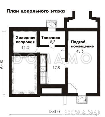 Проект дома из пеноблоков с гостевой комнатой на первом этаже и гаражом для одного автомобиля / План цокольного этажа