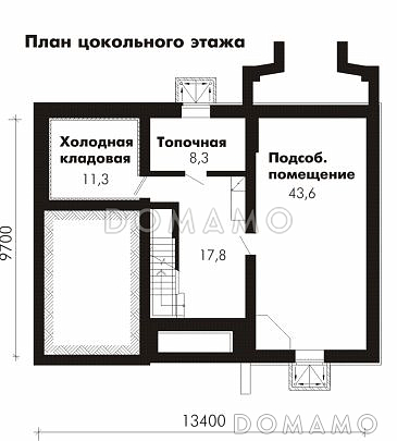 Проект дома из пеноблоков с гостевой комнатой на первом этаже и гаражом для одного автомобиля / План цокольного этажа Проект дома из пеноблоков с гостевой комнатой на первом этаже и гаражом для одного автомобиля / План цокольного этажа
