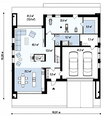 Проект современного двухэтажного дома из кирпича с тремя спальнями, спортзалом, сауной и гаражом для двух автомобилей / План 1 этажа Проект современного двухэтажного дома из кирпича с тремя спальнями, спортзалом, сауной и гаражом для двух автомобилей / План 1 этажа