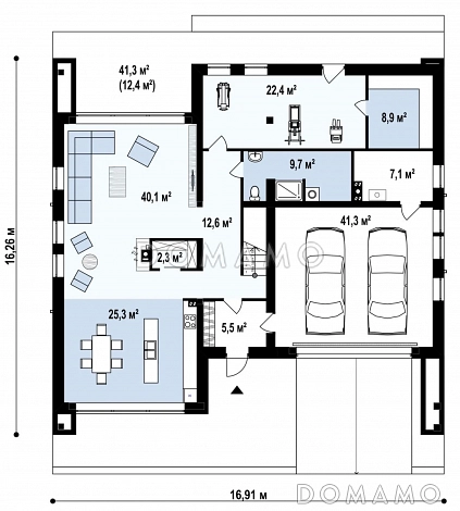 Проект современного двухэтажного дома из кирпича с тремя спальнями, спортзалом, сауной и гаражом для двух автомобилей / План 1 этажа Проект современного двухэтажного дома из кирпича с тремя спальнями, спортзалом, сауной и гаражом для двух автомобилей / План 1 этажа
