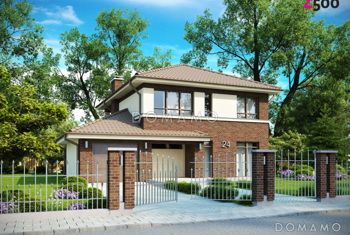 Проект современного двухэтажного дома из кирпича с четырьмя спальнями, кабинетом и пристроенным гаражом