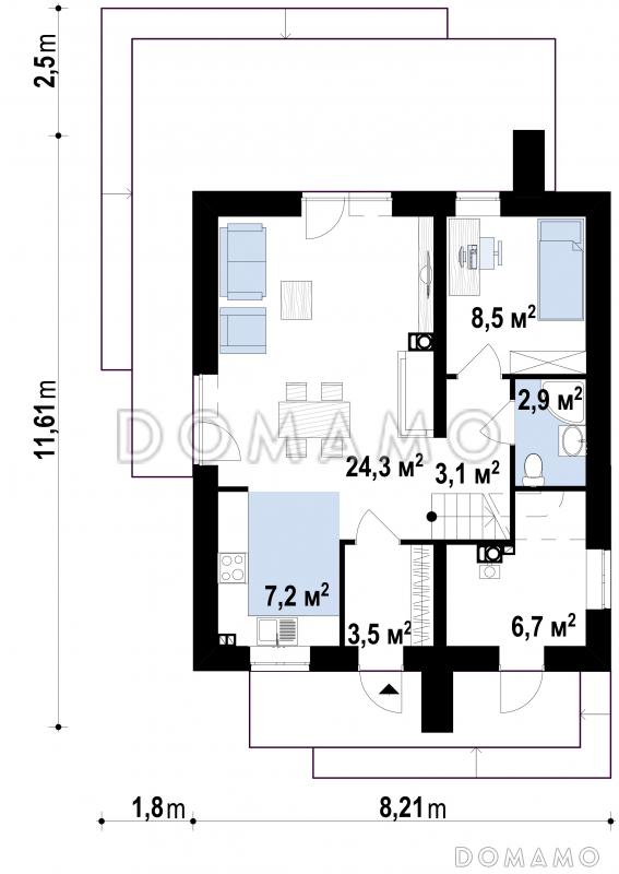 Проект компактного двухэтажного дома из газобетона современного дизайна / План 1 этажа
