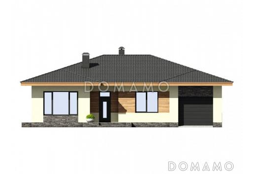 Проект одноэтажного дома из кирпича с гаражом, террасой, детскими комнатами / Фасад 1