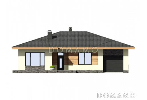 Проект одноэтажного дома из кирпича с гаражом, террасой, детскими комнатами / Фасад 1