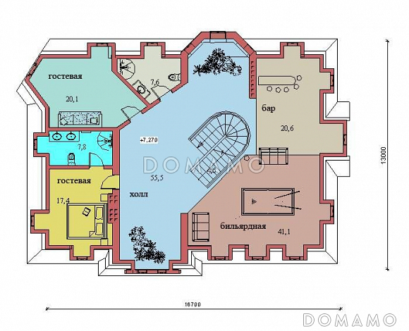 Проект двухэтажного дома с цоколем и мансардой, с сауной, бассейном и вторым светом  / План мансардного этажа Проект двухэтажного дома с цоколем и мансардой, с сауной, бассейном и вторым светом  / План мансардного этажа