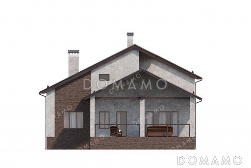 Проект одноэтажного дома с мансардой, большой террасой и гаражом / Фасад 1