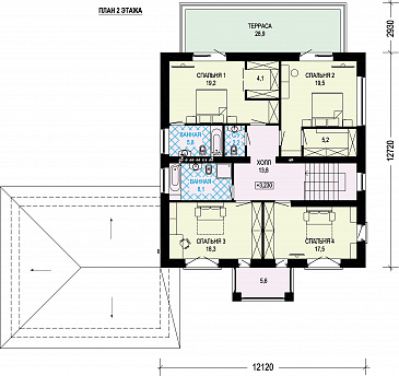 Проект газобетонного двухэтажного особняка с двойным гаражом / План 2 этажа