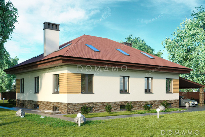 Проект дома с сауной в цокольном этаже, навесом для машины и гостиной на мансарде Проект дома с сауной в цокольном этаже, навесом для машины и гостиной на мансарде