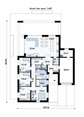 Проект современного одноэтажного дома из кирпича с плоской крышей, с четырьмя комнатами и одноместным гаражом / План 1 этажа Проект современного одноэтажного дома из кирпича с плоской крышей, с четырьмя комнатами и одноместным гаражом / План 1 этажа
