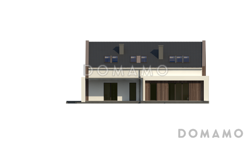 Проект комфортного одноэтажного мансардного дома из кирпича для двух семей / Фасад 3