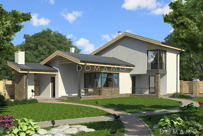 Проект дома с  крытой террасой, дровником, гостиной с камином, парной, двумя спальнями на мансардном этаже Проект дома с  крытой террасой, дровником, гостиной с камином, парной, двумя спальнями на мансардном этаже