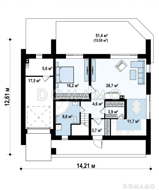 Проект современного двухэтажного дома из газобетона с дополнительной спальней на первом этаже, гаражом и открытой террасой на втором этаже / План 1 этажа