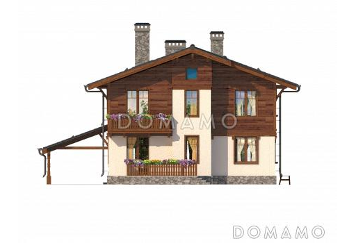 Проект загородного дома с террасой, навесом на одну машину, верандой с камином на втором этаже / Фасад 4