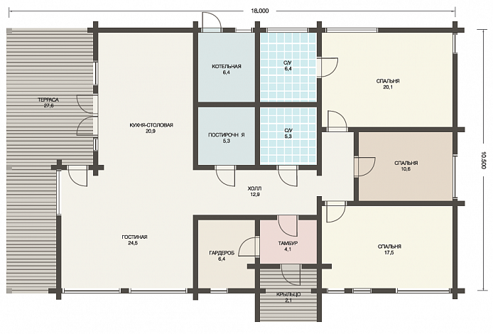Проект одноэтажного дома из клееного бруса с отдельным входом в котельную / План 1 этажа