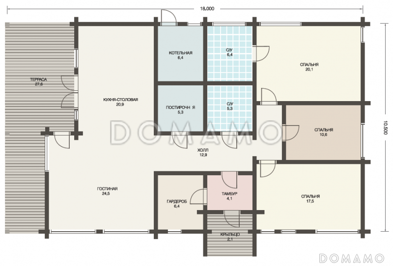 Проект одноэтажного дома из клееного бруса с отдельным входом в котельную / План 1 этажа Проект одноэтажного дома из клееного бруса с отдельным входом в котельную / План 1 этажа