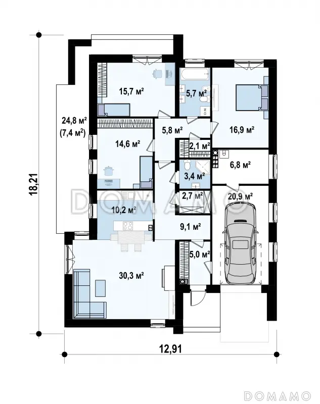 Проект небольшого современного одноэтажного дома из газобетона с плоской крышей с тремя спальнями и гаражом / План 1 этажа