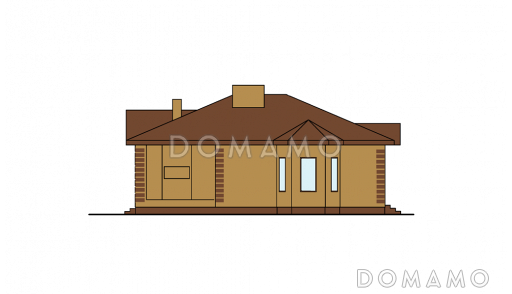 Проект одноэтажного дома с эркером в гостиной, крытой террасой с камином, большой кладовой с окном / Фасад 4