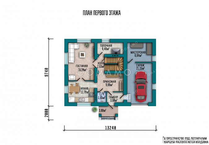 Проект одноэтажного дома с мансардой и гаражом / План 1 этажа