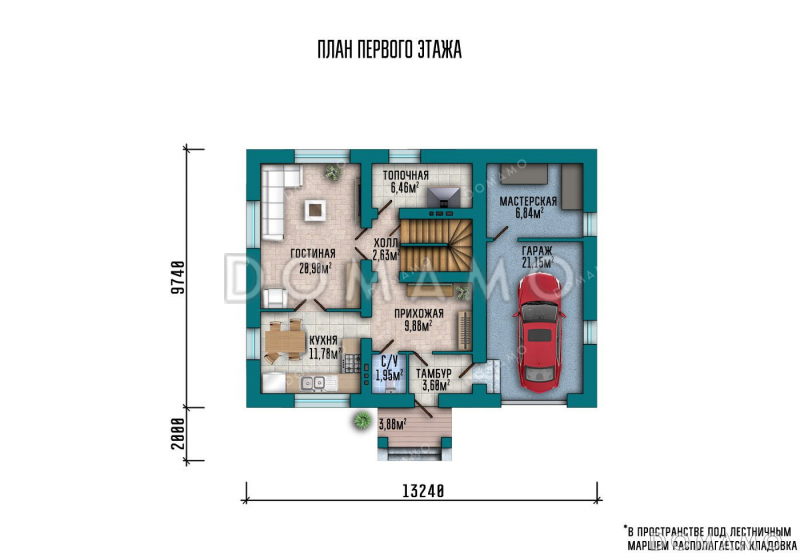 Проект одноэтажного дома с мансардой и гаражом / План 1 этажа
