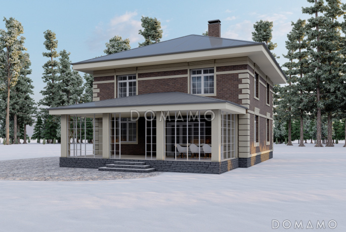 Проект двухэтажного дома с кабинетом, террасой и четырьмя спальнями