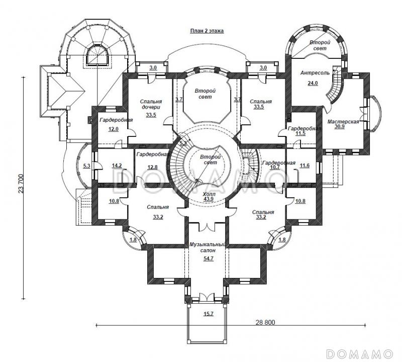 Проект двухэтажного дома из кирпича с цокольным этажом / План 2 этажа