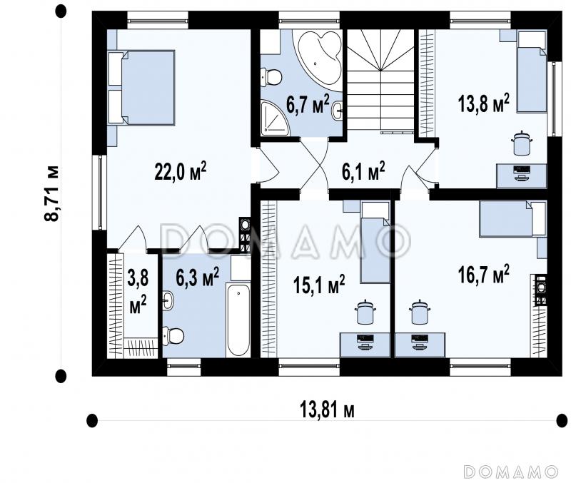 Проект  дома с подвалом, гостевой и кабинетом на первом этаже, хозяйской спальней на втором / План 2 этажа