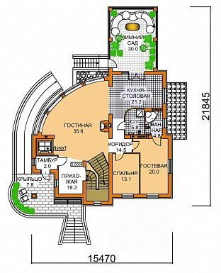 Проект четырехэтажного дома с необычной формой в плане, двусветной гостиной и бассейном / План 1 этажа Проект четырехэтажного дома с необычной формой в плане, двусветной гостиной и бассейном / План 1 этажа