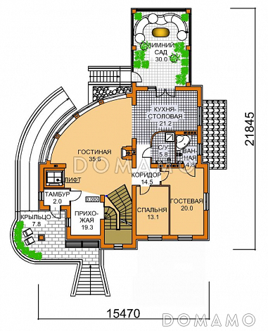 Проект четырехэтажного дома с необычной формой в плане, двусветной гостиной и бассейном / План 1 этажа Проект четырехэтажного дома с необычной формой в плане, двусветной гостиной и бассейном / План 1 этажа