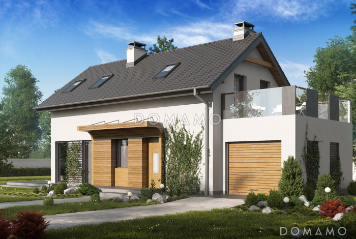 Проект мансардного одноэтажного дома из кирпича с тремя спальнями, гаражом и террасой над ним