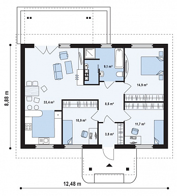 Проект одноэтажного дома из газобетона с тремя спальнями и террасой / План 1 этажа Проект одноэтажного дома из газобетона с тремя спальнями и террасой / План 1 этажа