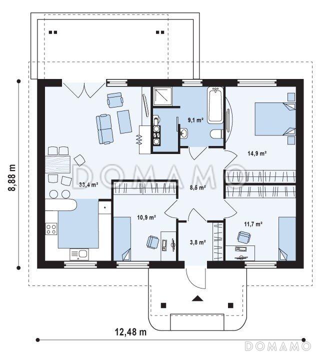 Проект одноэтажного дома из газобетона с тремя спальнями и террасой / План 1 этажа