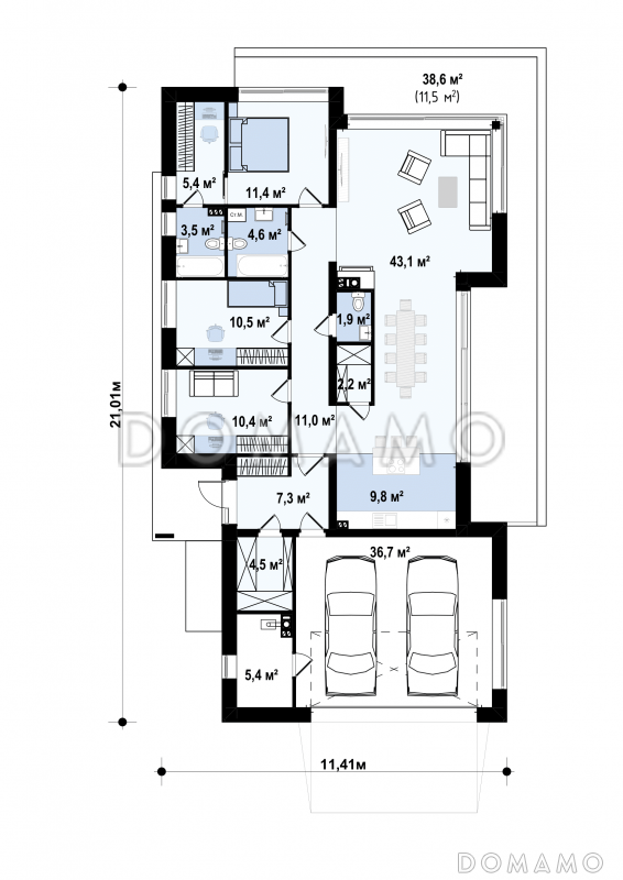 Проект одноэтажного дома из газобетона с просторной гостиной, мастер-спальней и гаражом на 2 машины / План 1 этажа