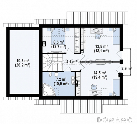 Проект одноэтажного мансардного дома из газобетона с тремя спальнями, кабинетом и гаражом  / План мансардного этажа