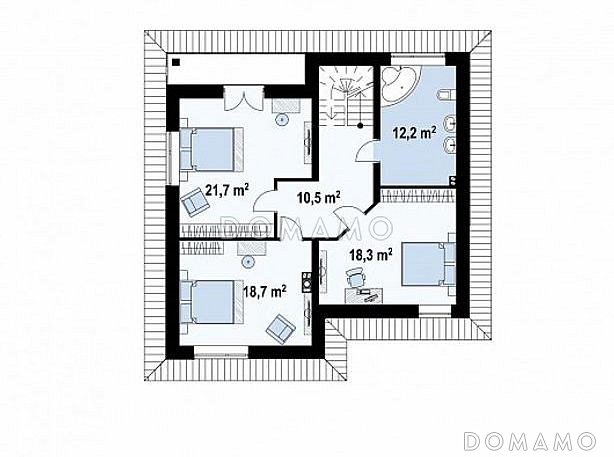 Проект двухэтажного дома с балконом, кабинетом и спальней на первом этаже, тремя спальными комнатами на втором / План 2 этажа Проект двухэтажного дома с балконом, кабинетом и спальней на первом этаже, тремя спальными комнатами на втором / План 2 этажа