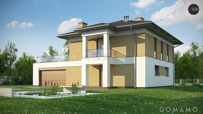 Проект современного двухэтажного дома из кирпича балконом, лоджией и открытой террасой над двухместным гаражом